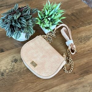 *BEBE* Michelle Mini Saddle Bag Crossbody Chain Strap Shoulder Purse tan - NEW